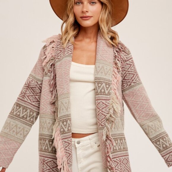 New Western Fringe Sweater Coat Southwest Boho Long Cardigan, Cowichan Vtg - Picture 7 of 10